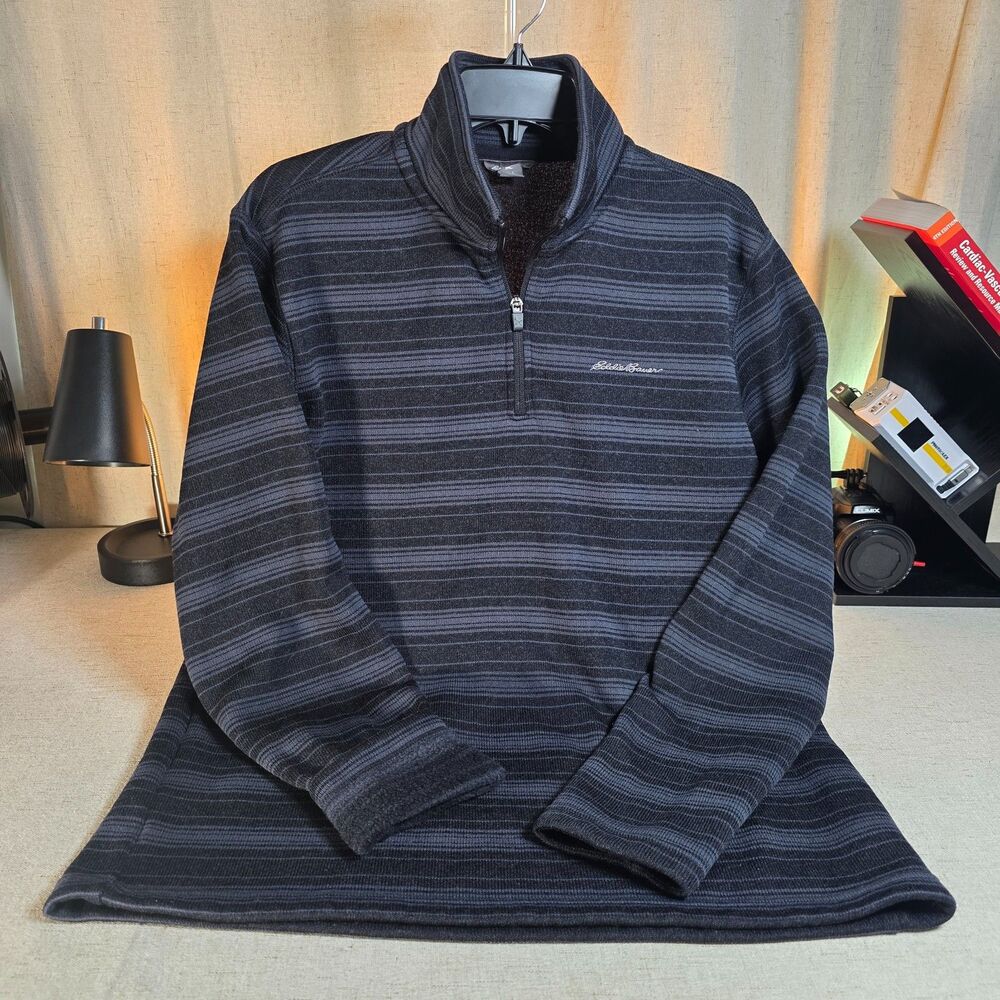 Eddie Bauer Men's Large Striped Quarter Zip Fleece Sweater Pullover
